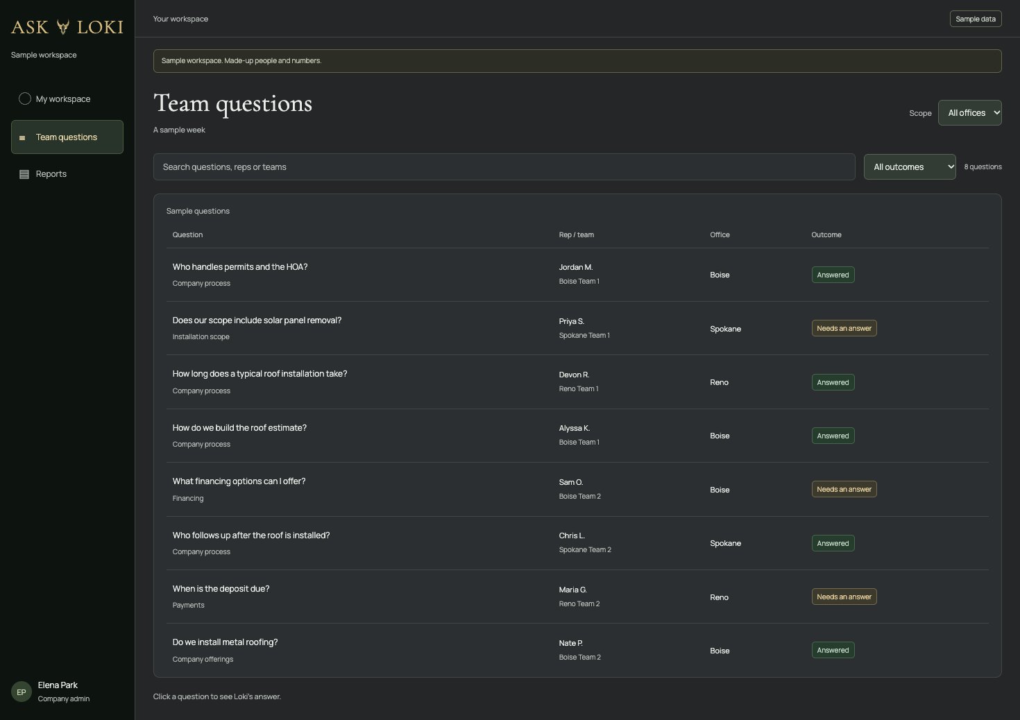 Sample team question history with office scopes and answer outcome filters