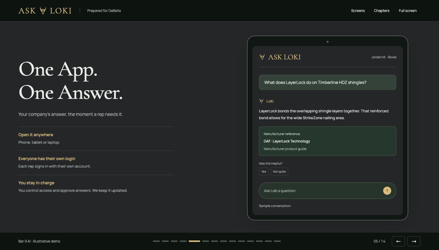 ASK LOKI rep experience showing an illustrative answer, company source and feedback choices