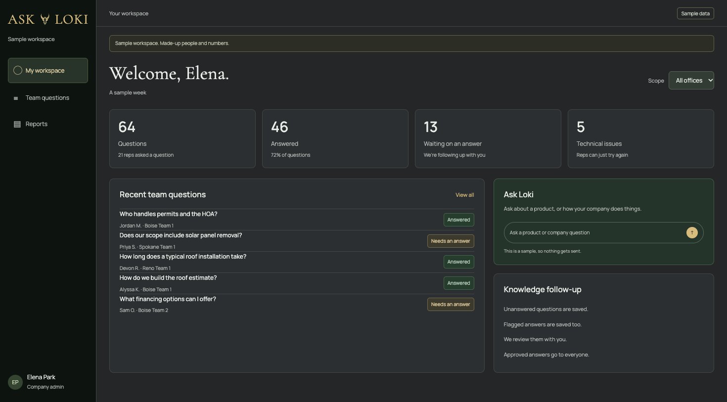 Charcoal ASK LOKI customer workspace with sample question outcomes and managed knowledge follow-up
